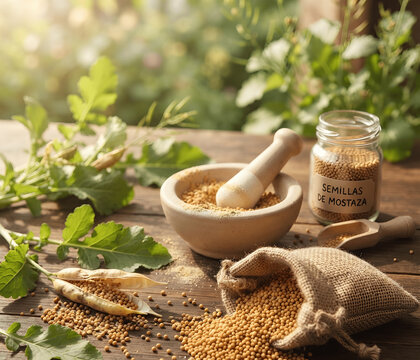 Mustard seeds composition on a wooden table featuring a pestle and mortar, a glass jar labeled Semillas de Mostaza, a burlap sack, and fresh mustard plant leaves with seed pods in warm natural sunligh
