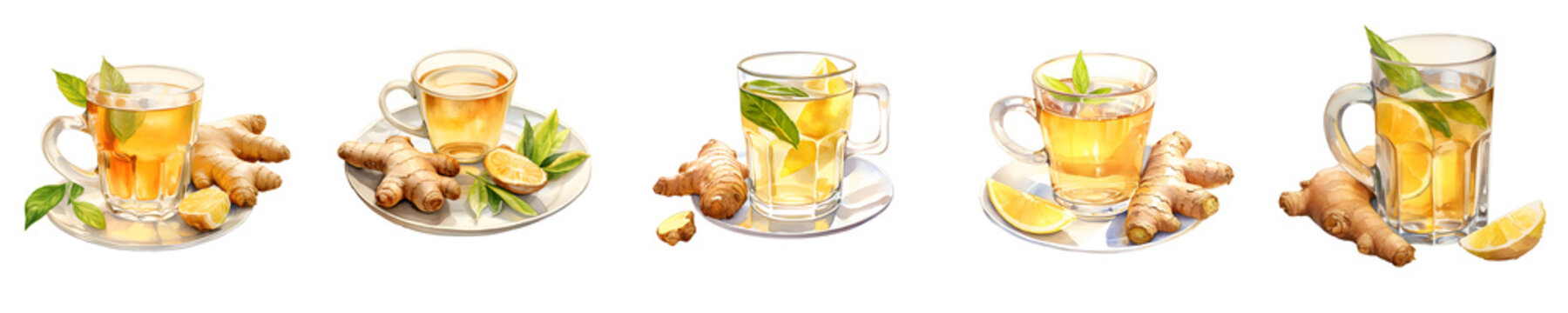 Assortment of ginger tea cups with lemon slices and mint sprigs illustration