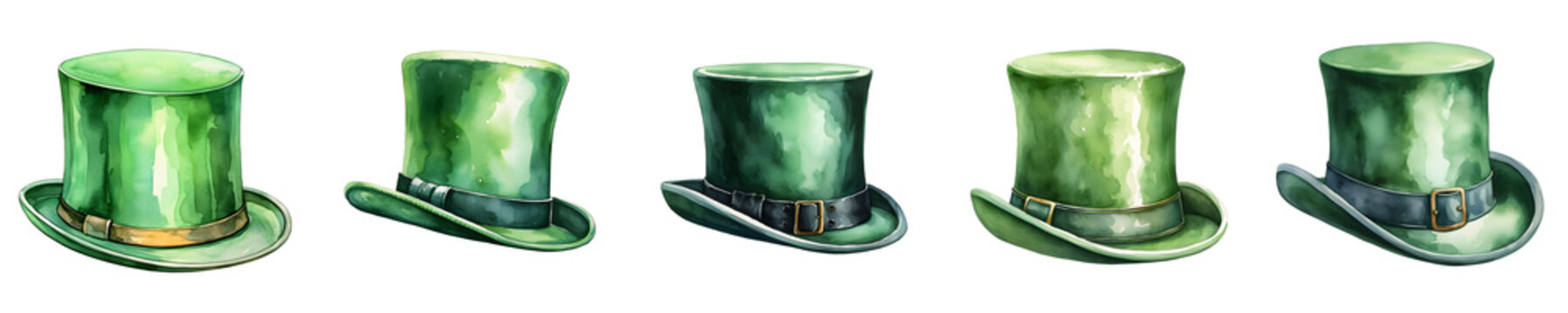 Watercolor illustration of five green leprechaun hats in a row on a black background
