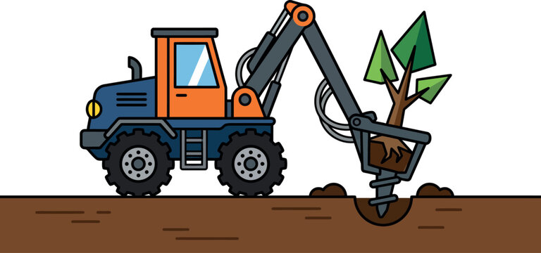 Heavy-duty tree transplanter machine planting a young tree flat design vector illustration for environmental projects and landscaping