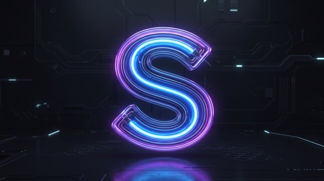 Neon s letter 3d glowing in a dark futuristic environment