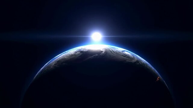 Earth sunrise rises above a cloud-covered planetary horizon in outer space. Space documentary opener, astronomy education, and science presentation.