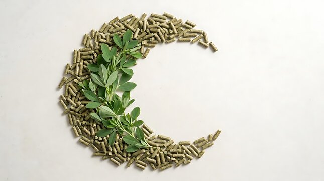 Alfalfa pellet shape made of natural green feed and fresh leaves arranged in a crescent moon form on a light background for agricultural industry concept