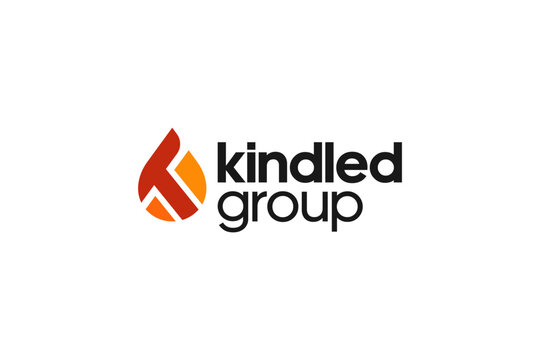 Abstract geometric logo for Kindled Group with orange symbol.
