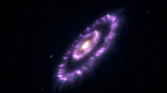 Rotating violet spiral galaxy drifts through deep space with a luminous galactic core. Astronomy education, science documentary, and space exploration media.