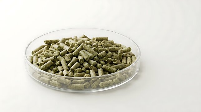 A heap of nutritious green alfalfa pellet feed stored inside a clear glass petri dish against a clean white background for agricultural research