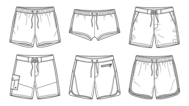 Thin Line Art Vector Illustration of Men's Swim Trunks and Board Shorts Set