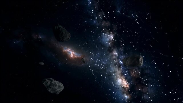 Rocky asteroids drift through deep space beneath a luminous galaxy and star field. Astronomy education, science documentary production, and space exploration presentations.