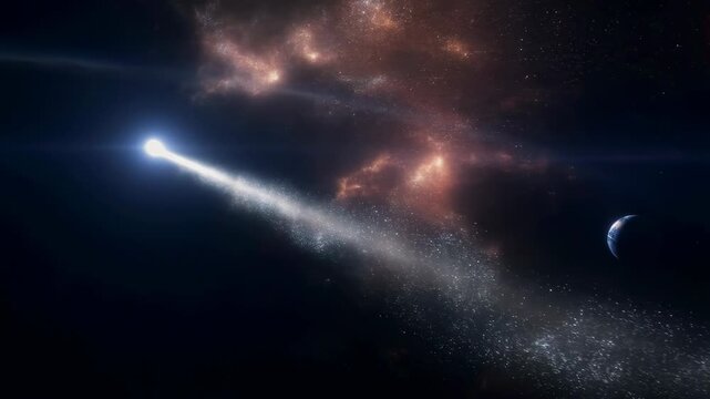 Luminous object traveling through deep space near a crescent planet. Science education, astronomy documentaries, and space exploration presentations.
