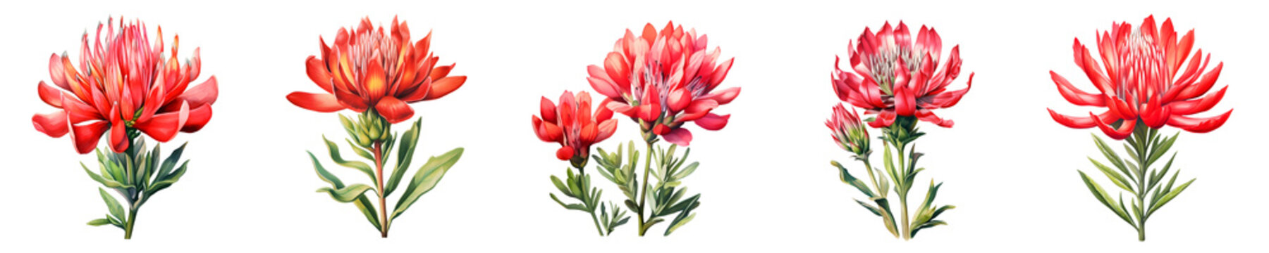 Collection of five watercolor waratah flowers in vibrant red isolated on black background