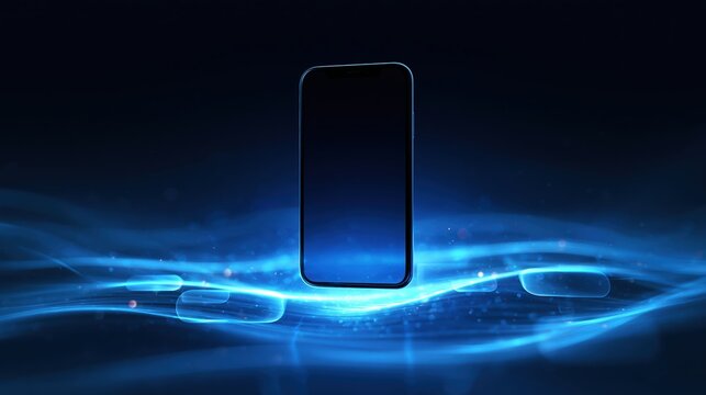 Generic smartphone floating with luminous communication waves on dark background