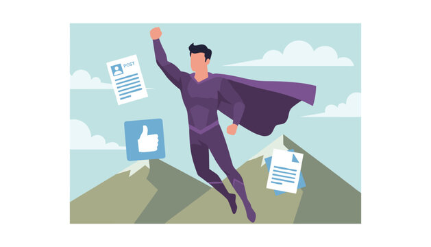 Content moderator superhero flying through the sky with thumbs up and documents representing customer support.