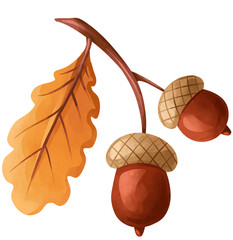  Hand painted autumn branch featuring a warm textured yellow oak leaf and twin brown acorns. Isolated fall foliage element for organic seasonal layouts © Vitalii
