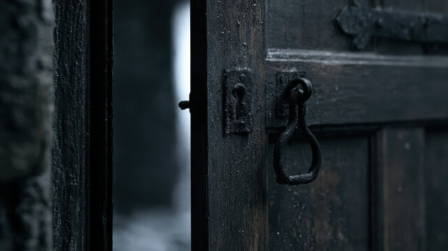 Ancient wooden door ajar with iron ring handle and keyhole in a dark stone doorway, creating a mysterious medieval entrance with cold cinematic lighting