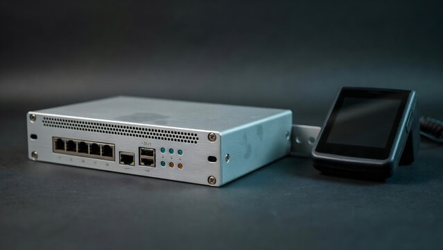Electronic network router device with ethernet ports and attached touch screen display module electronic ethernet hardware technology internet