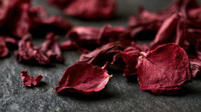 Deep red dried rose petals scattered on a dark stone surface in an atmospheric macro still life highlighting delicate veins, wrinkles and natural texture