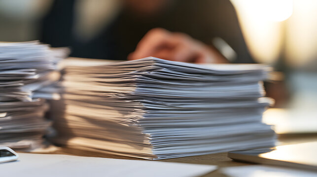 Stack of documents on the desk with a hand that's hard to make out