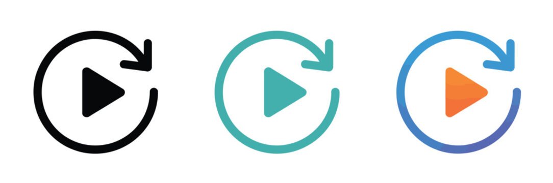 Replay vector icons set, video and music replay signs, repeat and playback symbols, media control buttons, clean modern outline and solid vector design.