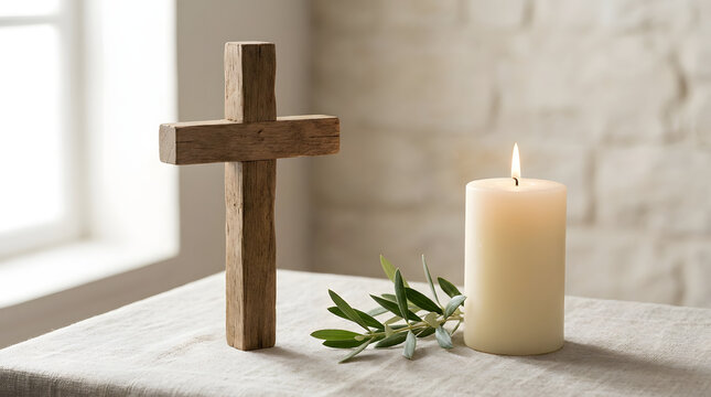 Wooden Christian cross with a burning candle and olive branch on a table