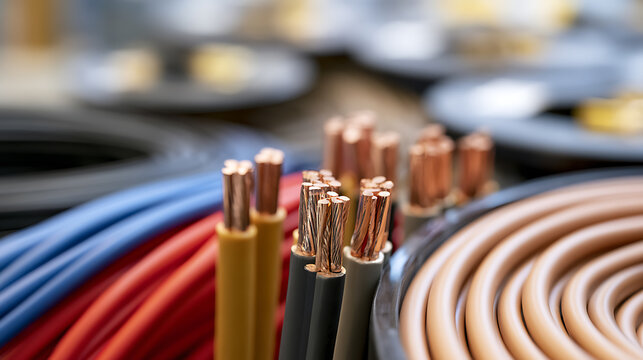 Close-up view of various colorful electrical cables and copper wire spools in an industrial warehouse setting showcasing metal and plastic