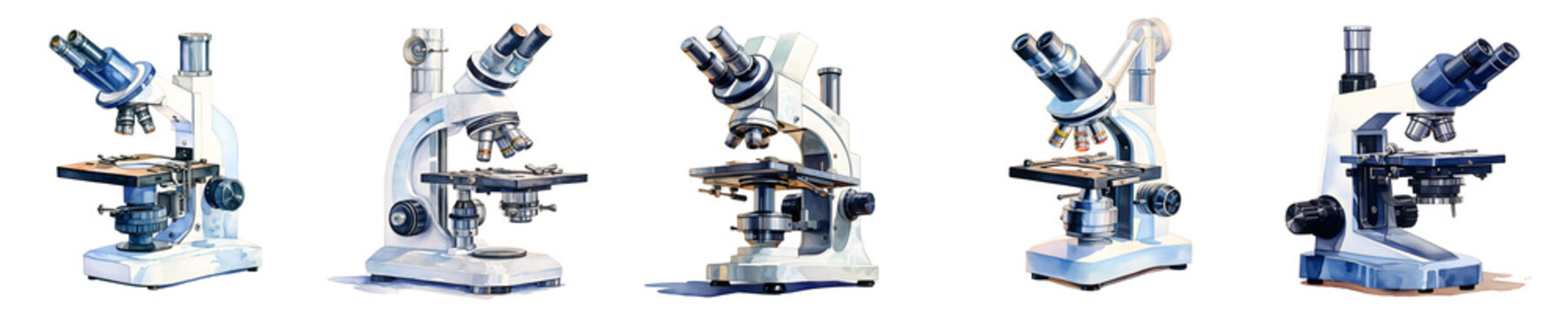 Watercolor illustration showcases several microscopes lined up against a black background