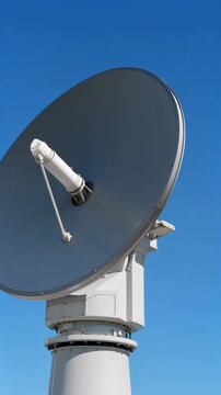 Large white parabolic dish antenna slowly rotates on its pedestal under clear blue sky, revealing changing reflector angle, central feed assembly, support arms, and bright sunlight