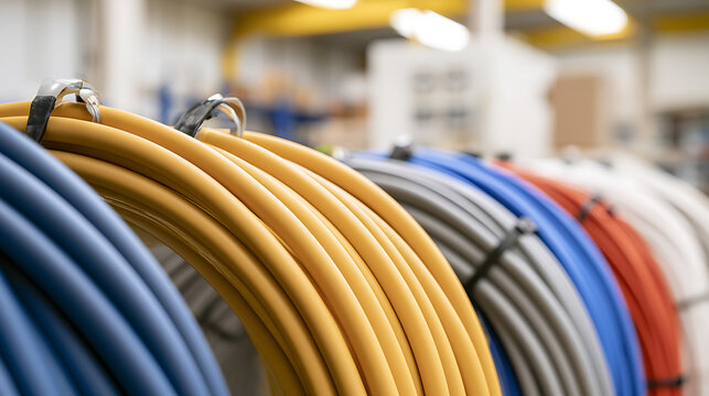 Close up view of colorful plastic coated fiber optic cables in warehouse with industrial machinery, electrical supply concept for corporate use