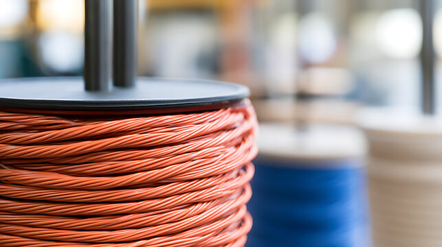 Close-up of a large industrial spool wrapped with bright orange wire in a manufacturing factory warehouse with blurred background details