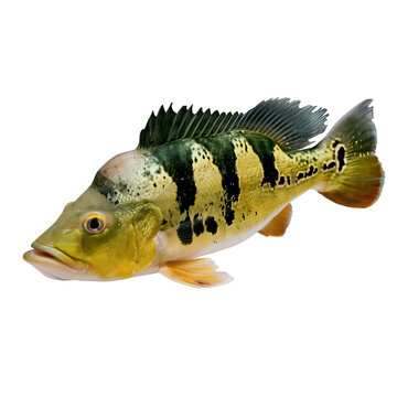 Yellowish green peacock bass fish with dark vertical stripes isolated on transparent background PNG element