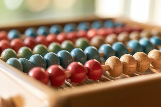 Wooden abacus with colorful beads arranged in rows