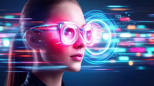 Woman wearing smart glasses with holographic data interface. Futuristic technology concept with digital world map and light trails. Panning shot.