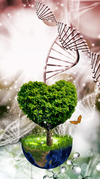 Heart-shaped tree with globe and DNA strand in abstract design