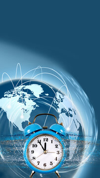 Clock next to a globe with digital lines showing global time connections