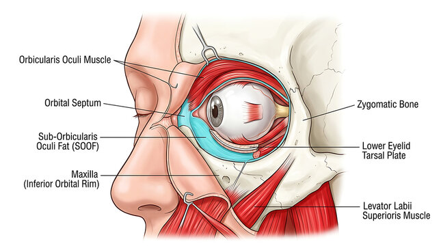Anatomical of human eye socket muscles, bone, and orbital fat