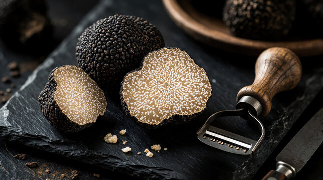 Black truffles whole and sliced rest on dark slate with a peeler and knife. Rare fungi ready for gourmet meal preparation, showing rich texture and earthy aroma.