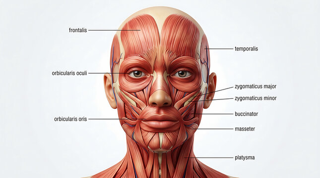 Anatomical of human facial muscles, labeled with scientific terms