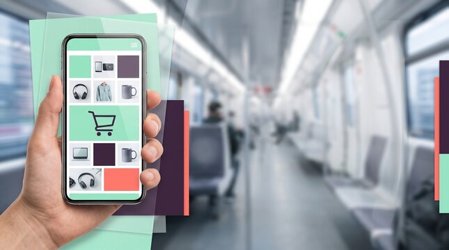 Adult hand browsing a shopping app on smartphone during a train commute in a Cyber Monday mobile commerce collage with mint and aubergine accents