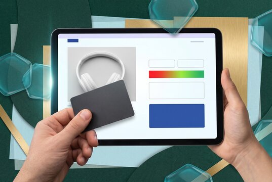 Adult hands holding a tablet and blank bank card beside a Cyber Monday checkout screen with headphones in a premium e-commerce collage
