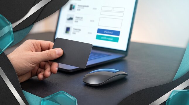 Plain bank card beside a computer mouse and blurred laptop checkout screen in a premium Cyber Monday collage about secure online payment