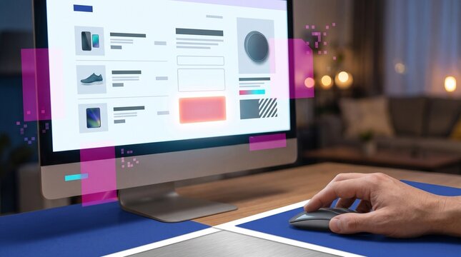 Hand clicking a wireless mouse beside a Cyber Monday shopping screen on a desktop monitor in a high-energy digital retail collage