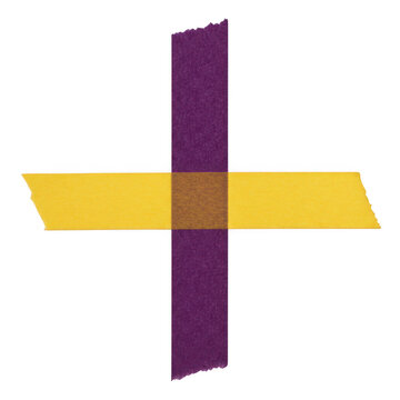 Purple and yellow tape strips crossed to form a plus sign shape on a flat surface for office and craft design