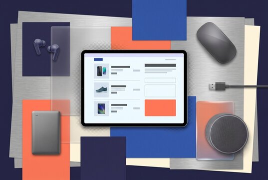 Top-view Cyber Monday electronics shopping collage with a tablet checkout interface surrounded by selected gadgets in a structured mixed-media flat lay