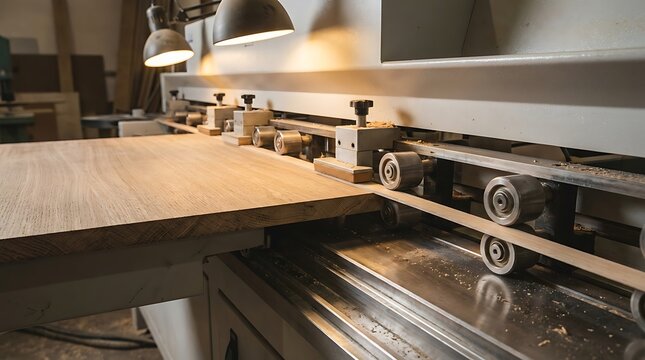Edge banding process on a woodworking machine applying veneer trim to a wooden panel in a carpentry workshop