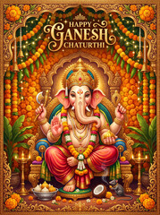 Obraz premium Hindu god ganesha with marigold flowers and traditional indian festival decorations.