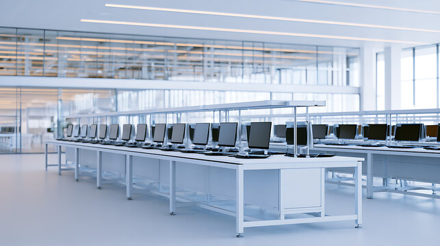 Modern open space office interior with rows of empty white desks and computer monitors in a bright corporate building ready for work