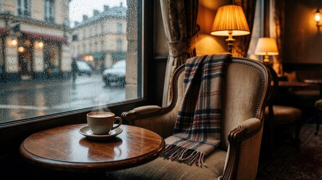 Cozy cafe interior with steaming coffee cup on wooden table. Plaid blanket lies on armchair near rainy window. Warm lamp light creates relaxing atmosphere inside coffee shop. View of wet city street