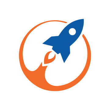 Minimalist rocket ship taking off in a circle with blastoff technology exploration business progress innovation minimalist astronomy transport creative