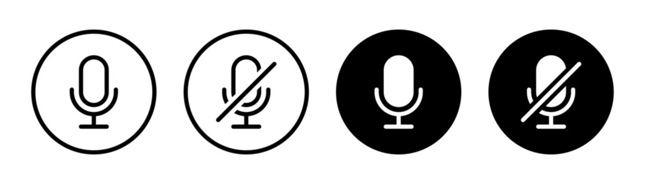 Microphone mute icon set, Outline and filled symbols for audio recording.