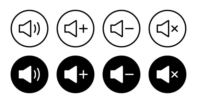 Volume control icon set, Speaker volume increase, decrease and mute symbols.