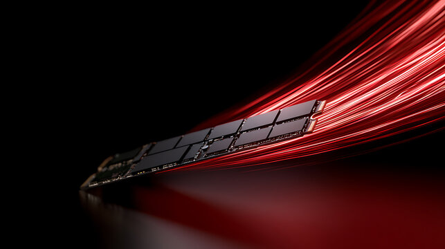 High performance computer solid state drive with dynamic red fiber light streaks on dark background for fast data transfer technology